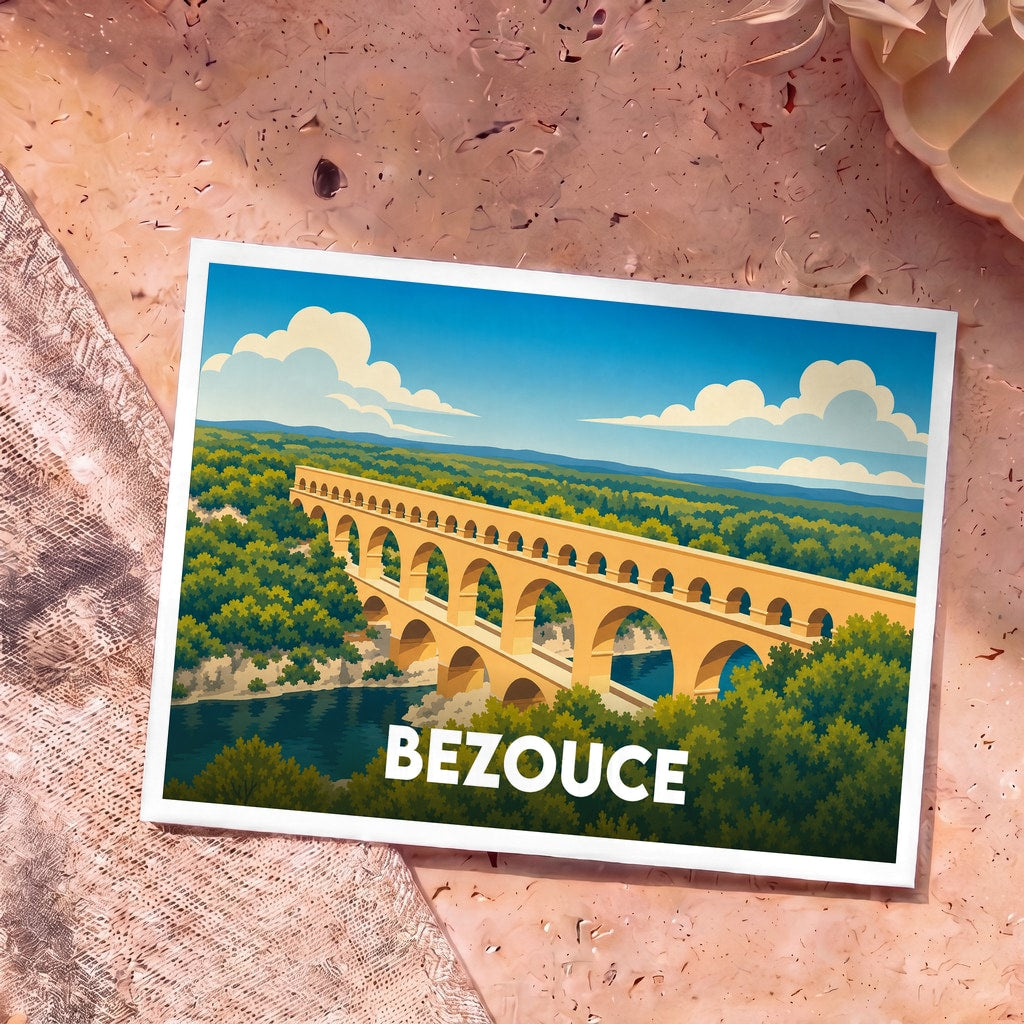 Carte postale souvenir de la ville de Bezouce avec une illustration stylisée d'un aqueduc romain.