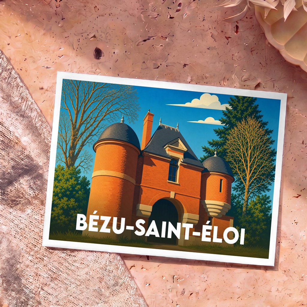 Carte postale souvenir de la ville de Bézu-Saint-Éloi avec une illustration stylisée d'un château en briques.