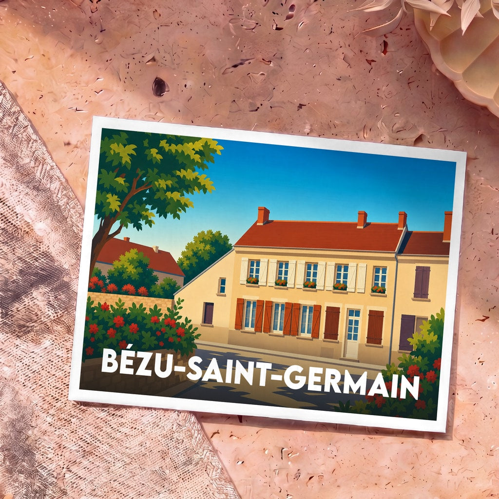 Carte postale souvenir de la commune de Bézu-Saint-Germain avec une illustration stylisée de maisons traditionnelles.
