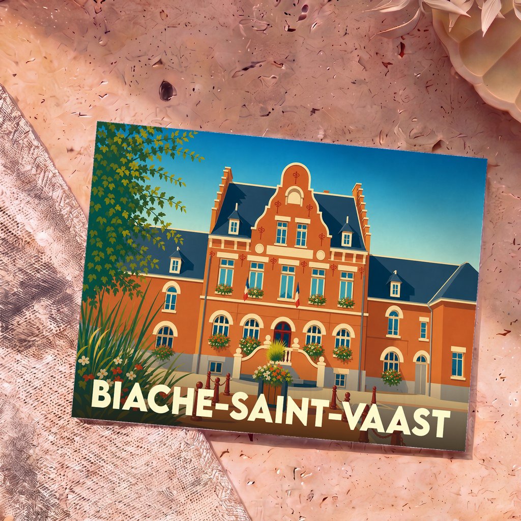 Carte postale souvenir de la ville de Biache-Saint-Vaast avec une illustration stylisée de son hôtel de ville.