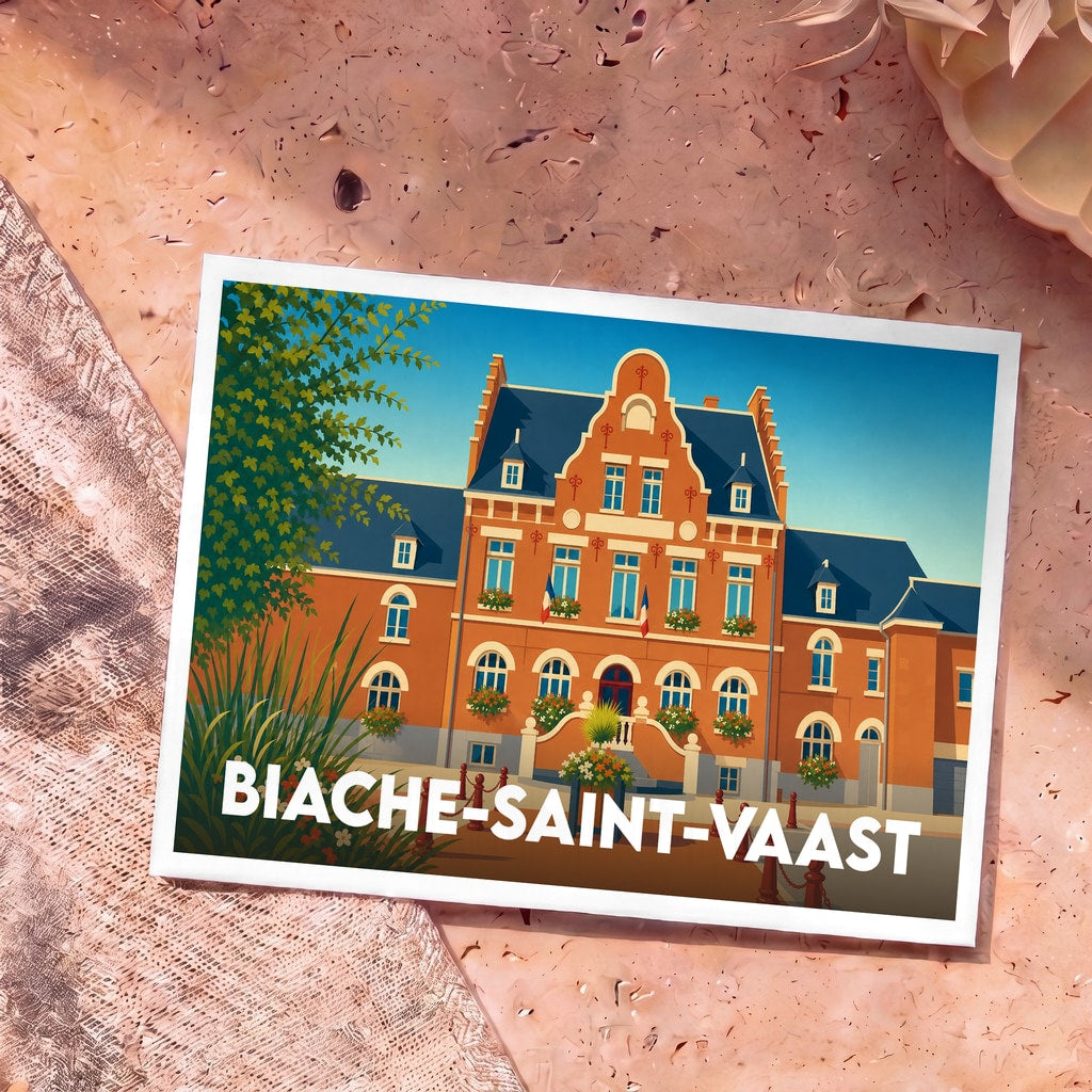 Carte postale souvenir de la ville de Biache-Saint-Vaast avec une illustration stylisée de son hôtel de ville.