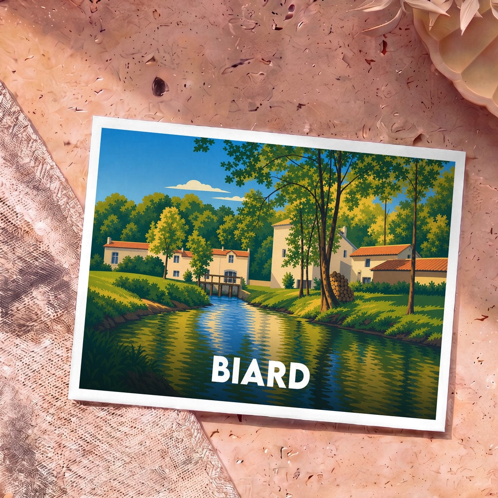 Carte postale souvenir de la ville de Biard avec une illustration stylisée d'un paysage fluvial bordé de maisons et d'arbres.