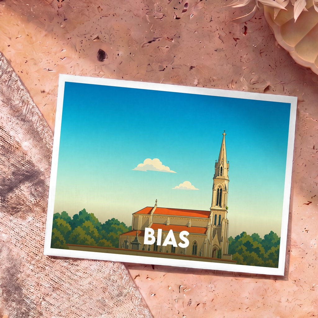 Carte postale souvenir de la ville de Bias avec une illustration stylisée de son église.