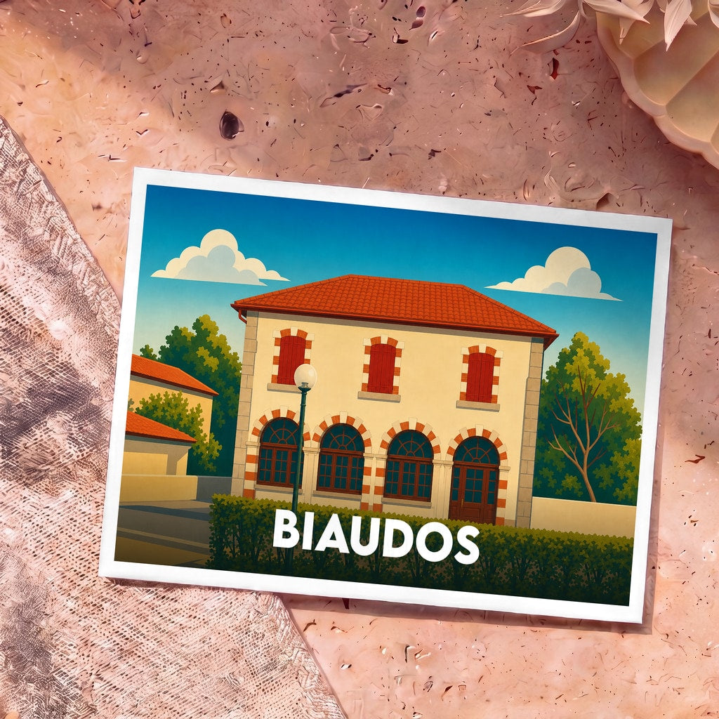 Carte postale souvenir de la ville de Biaudos illustrant une demeure de caractère dans un style graphique épuré.