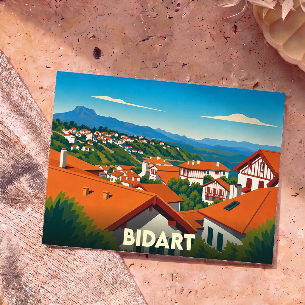 Carte postale souvenir de Bidart avec une illustration stylisée montrant les toits rouges du village face aux montagnes des Pyrénées.