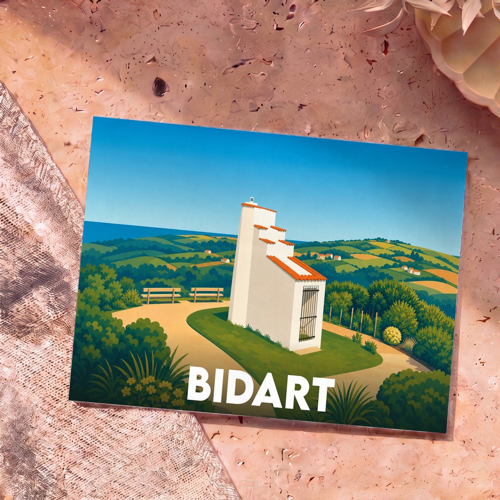 Carte postale souvenir de la ville de Bidart illustrant la chapelle Sainte-Madeleine et les collines basques dans un style épuré.