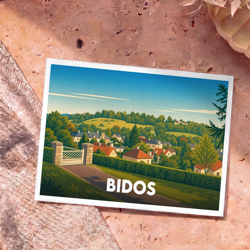 Carte postale souvenir de la ville de Bidos illustrant un paysage de village vallonné dans un style rétro.