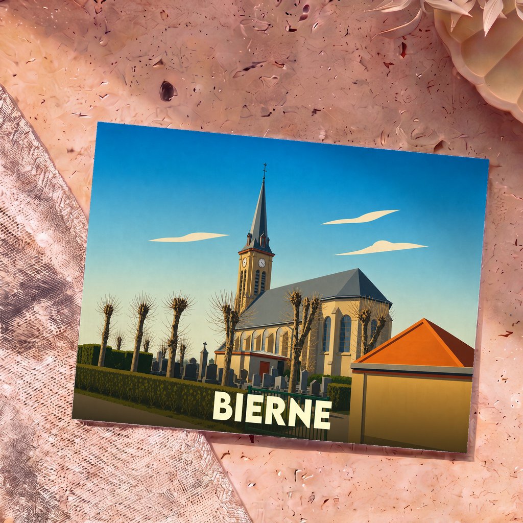 Carte postale souvenir de la ville de Bierne avec une illustration stylisée de son église et de son cimetière.
