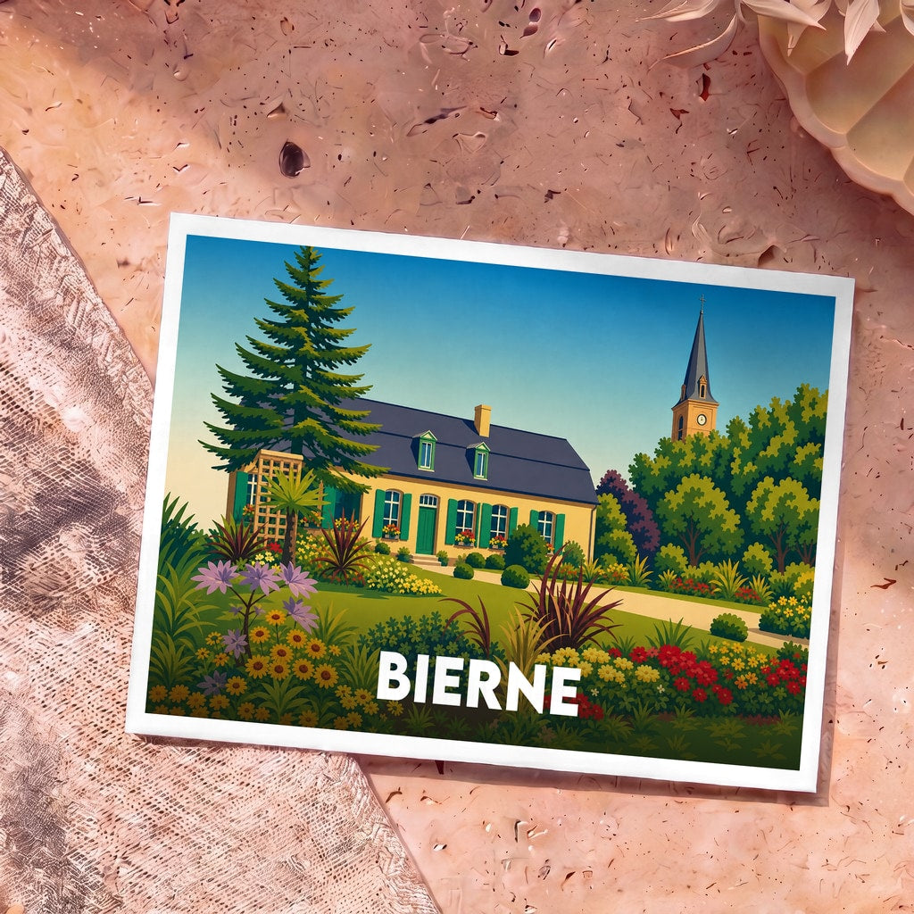 Carte postale souvenir de la ville de Bierne avec une illustration stylisée d'une maison fleurie et d'un clocher.