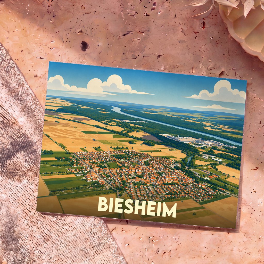 Carte postale souvenir de la ville de Biesheim avec une illustration stylisée vue du ciel.