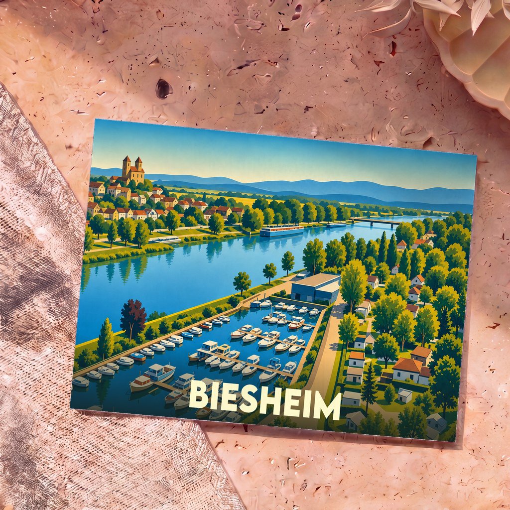 Carte postale souvenir de la ville de Biesheim avec une illustration stylisée de son port et de son paysage.