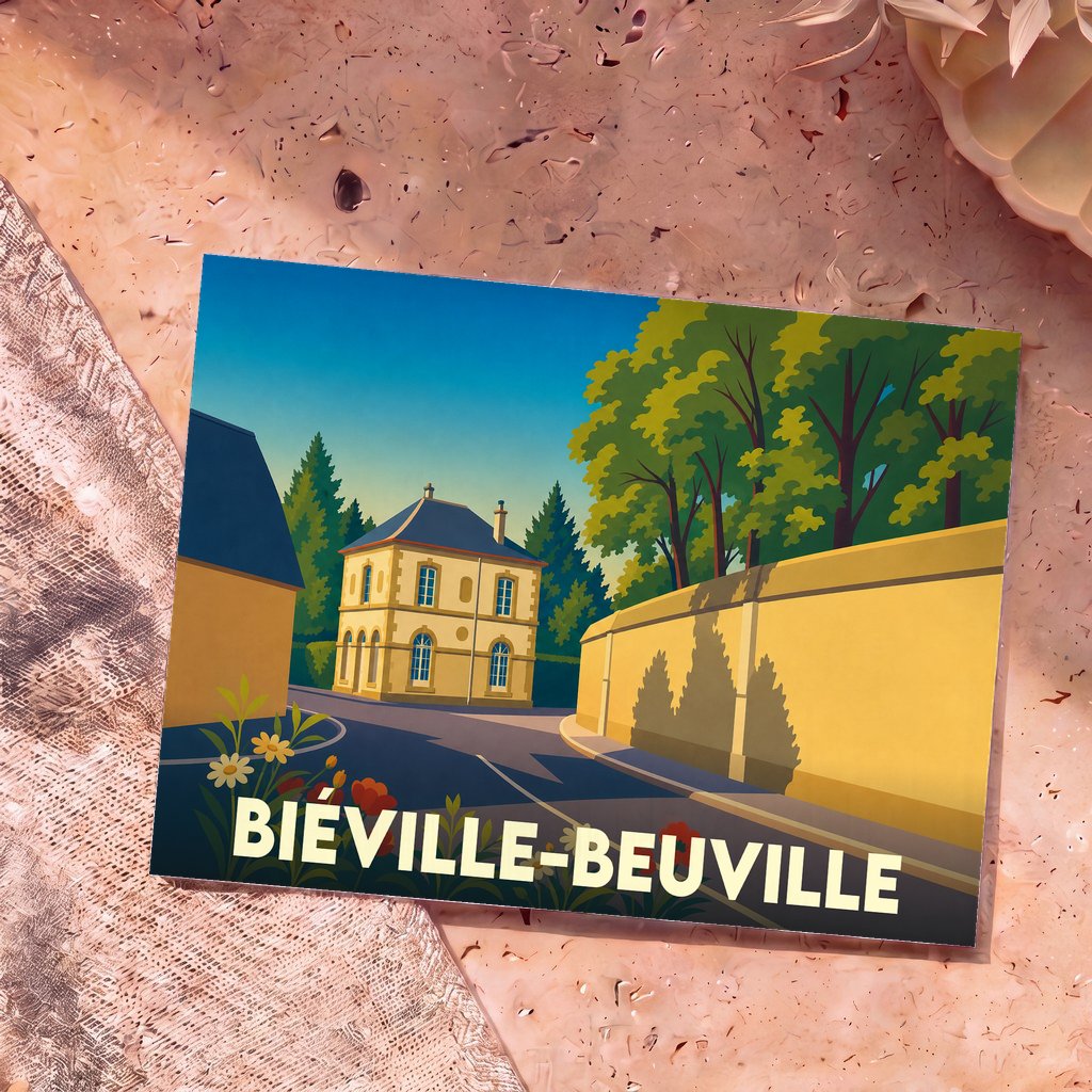 Carte postale souvenir de la ville de Biéville-Beuville avec une illustration stylisée d'une rue et de ses bâtiments.