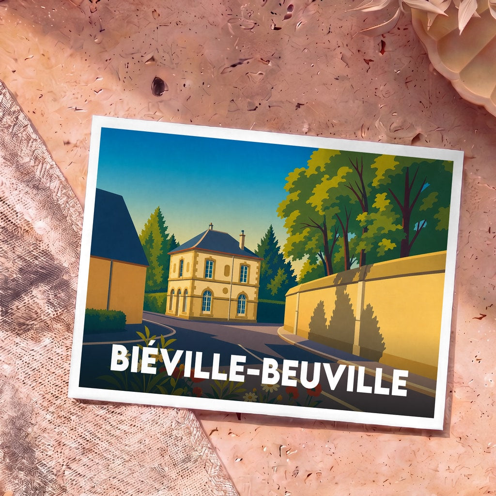 Carte postale souvenir de la ville de Biéville-Beuville avec une illustration stylisée d'une rue et de ses bâtiments.