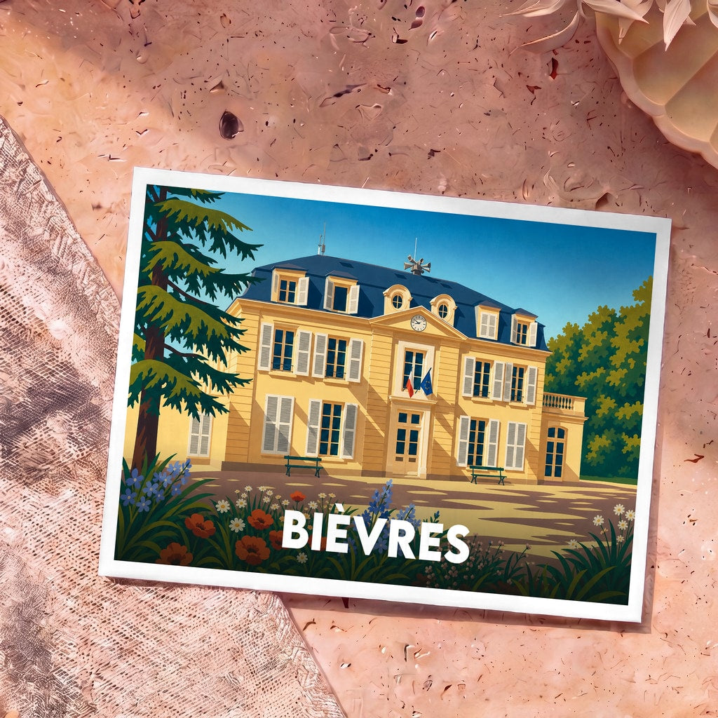 Carte postale souvenir de la ville de Bièvres avec une illustration stylisée de son hôtel de ville.