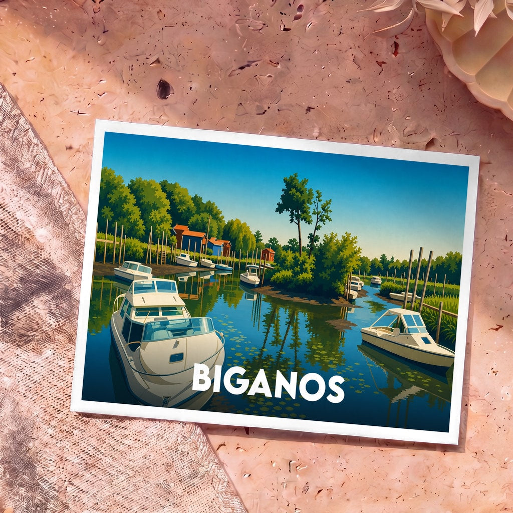 Carte postale souvenir de la ville de Biganos avec une illustration stylisée d'un port de plaisance.
