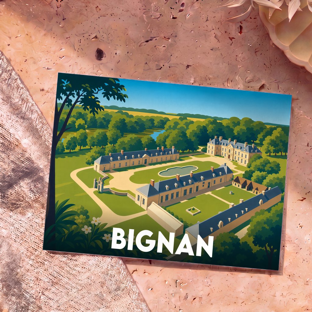 Carte postale souvenir de la ville de Bignan illustrant le domaine de Kerguéhennec dans un style graphique épuré.