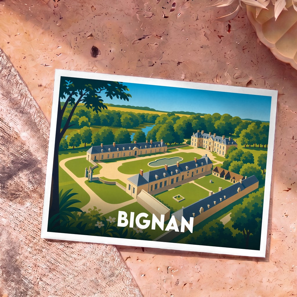 Carte postale souvenir de la ville de Bignan illustrant le domaine de Kerguéhennec dans un style graphique épuré.