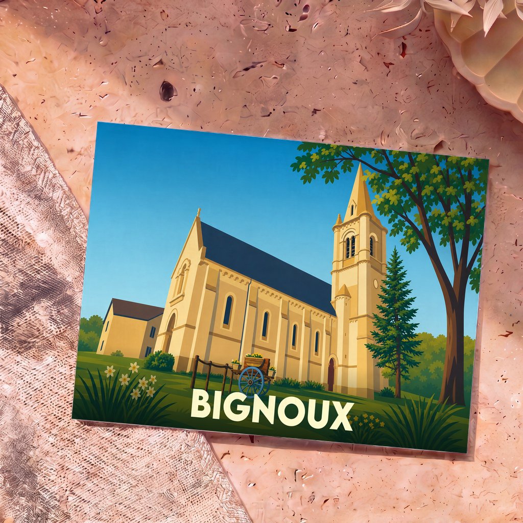Carte postale souvenir de la ville de Bignoux avec une illustration stylisée de son église.