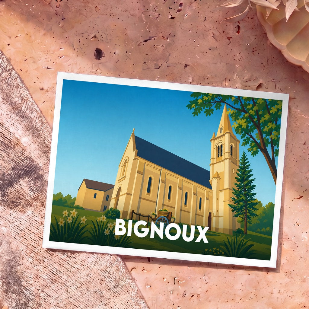 Carte postale souvenir de la ville de Bignoux avec une illustration stylisée de son église.