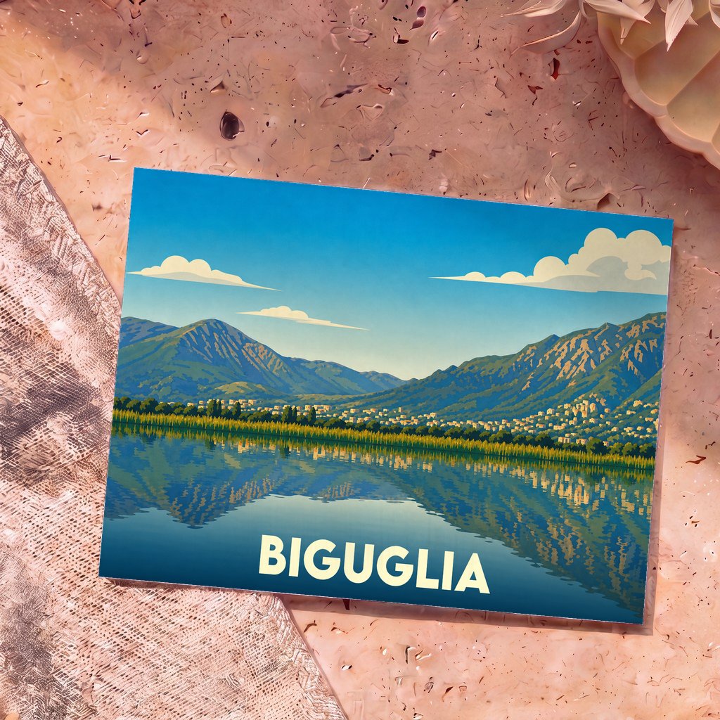 Carte postale souvenir de la ville de Biguglia arborant une illustration stylisée de son étang et des montagnes environnantes.