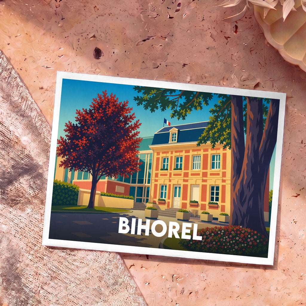 Carte postale souvenir de la ville de Bihorel avec une illustration stylisée de son hôtel de ville.