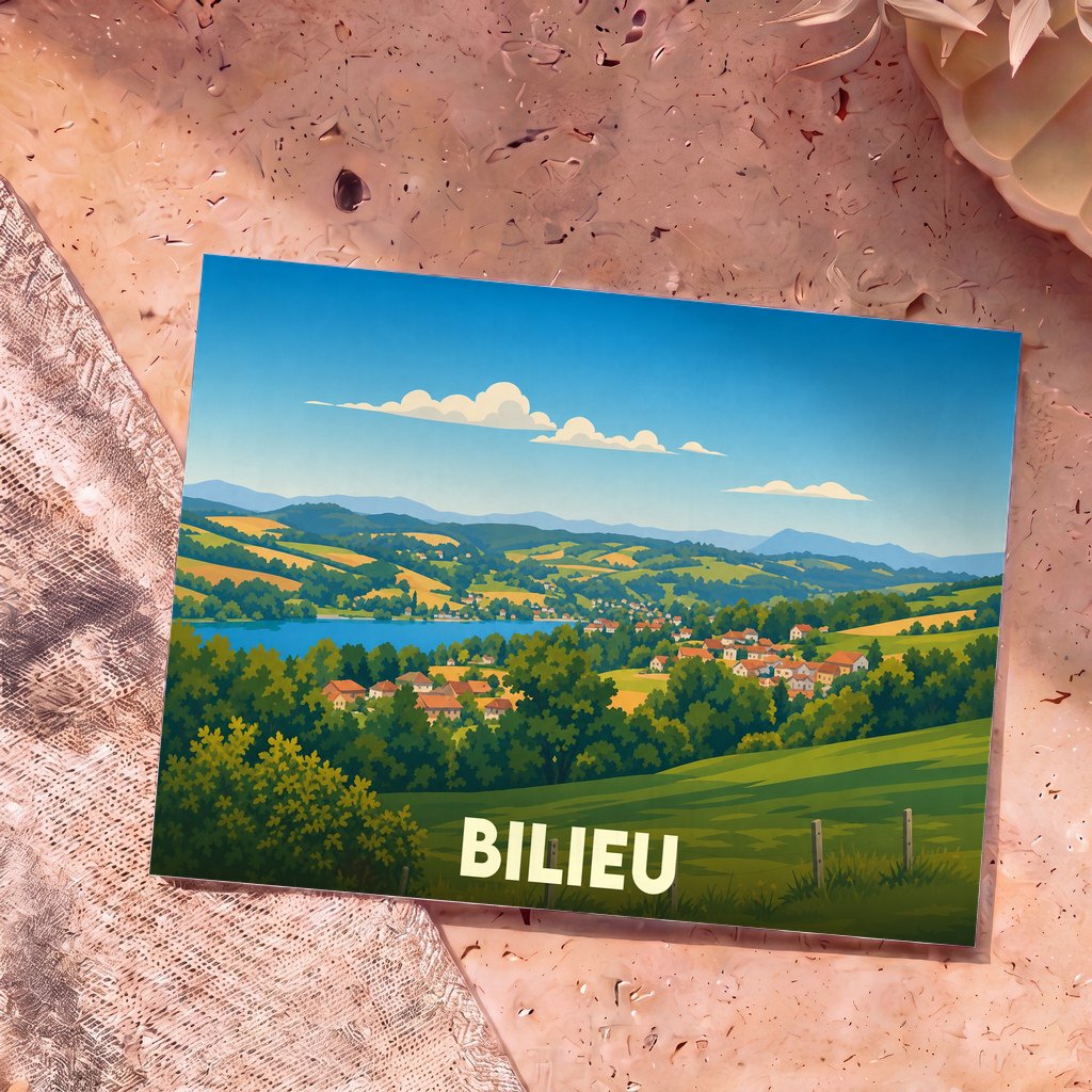 Carte postale souvenir de la ville de Bilieu avec une illustration stylisée de son paysage vallonné et de son lac.
