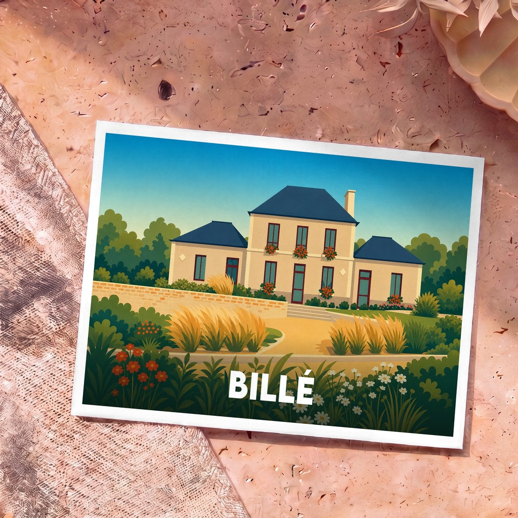 Carte postale souvenir de la ville de Billé avec une illustration stylisée d'une maison de maître entourée d'un jardin fleuri.