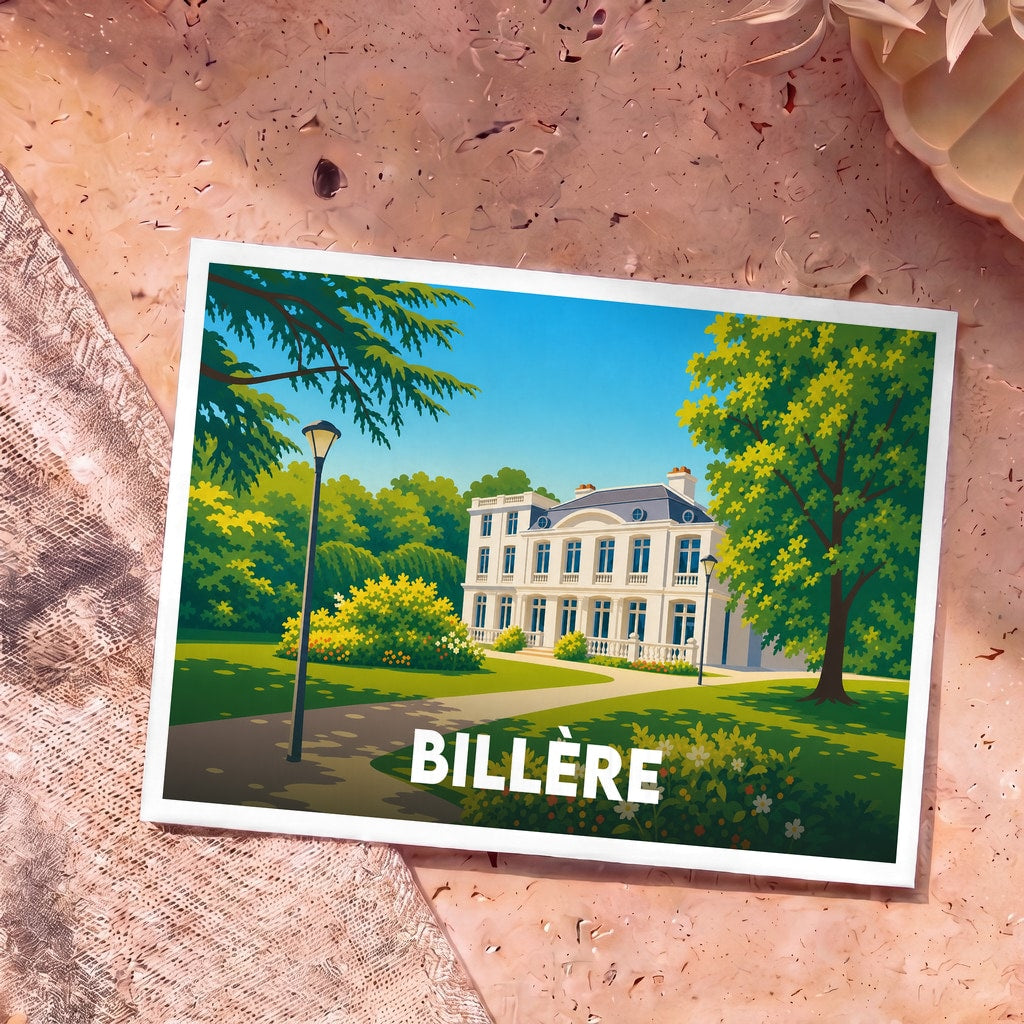 Carte postale souvenir de la ville de Billère avec une illustration stylisée d'un manoir blanc entouré d'un parc arboré.
