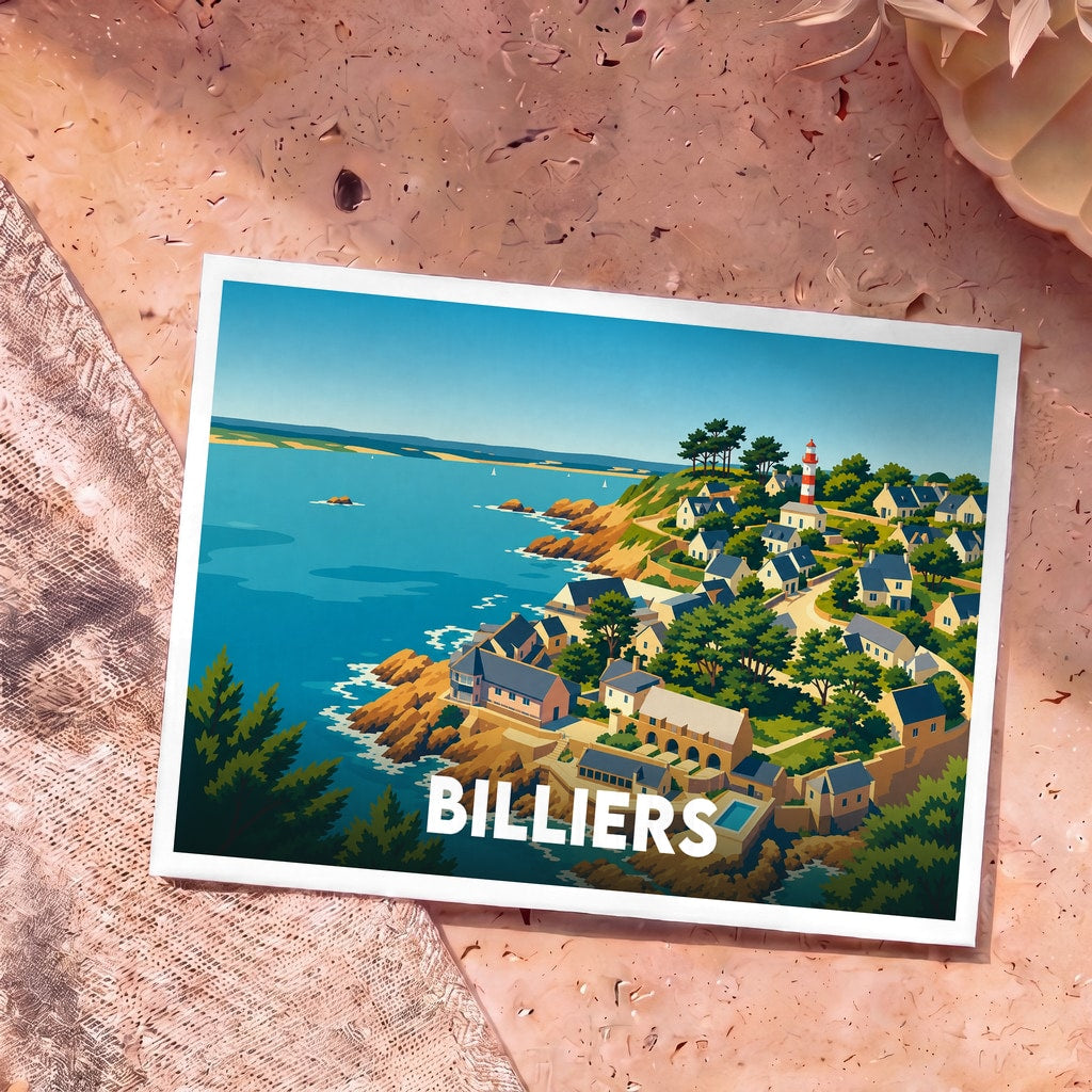 Carte postale souvenir de la ville de Billiers avec une illustration stylisée de son littoral et de son phare.