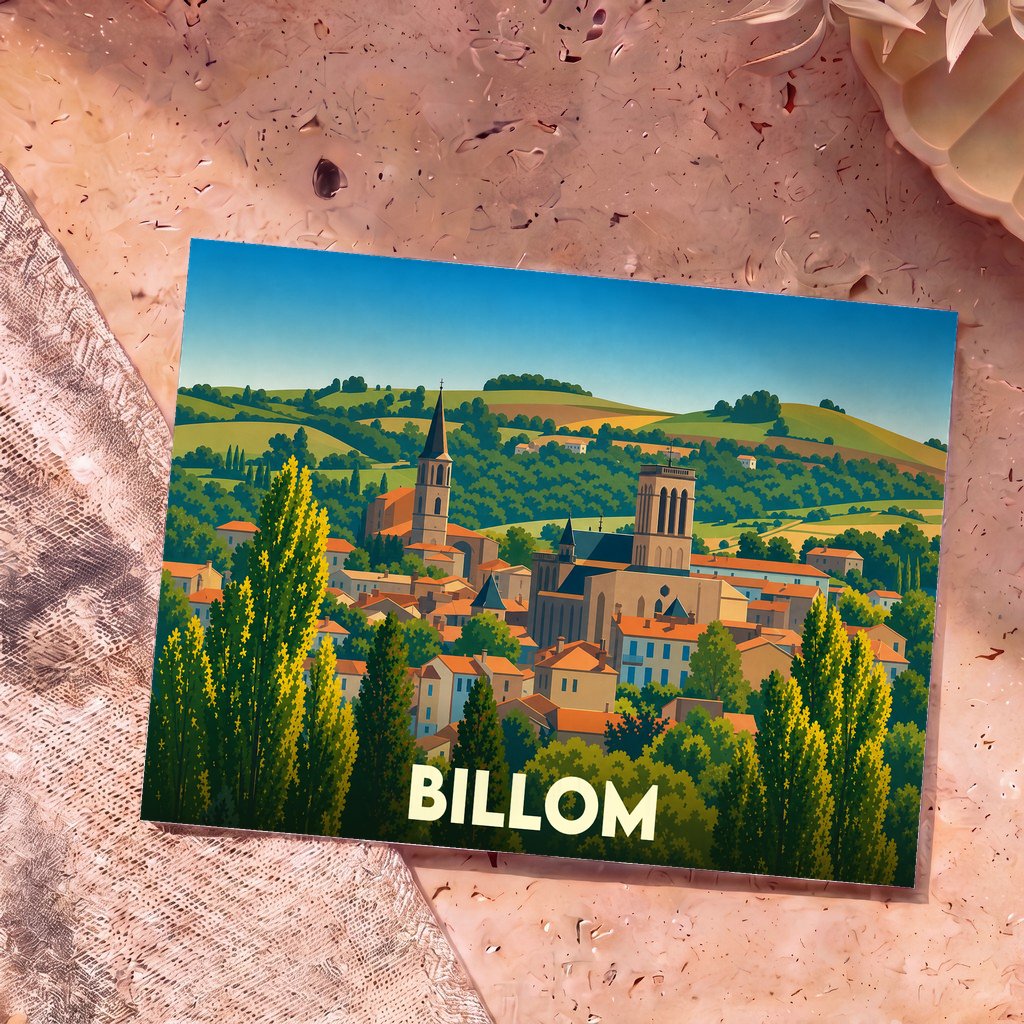 Carte postale souvenir de la ville de Billom avec une illustration stylisée et colorée de ses monuments historiques.