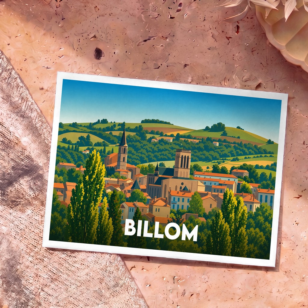 Carte postale souvenir de la ville de Billom avec une illustration stylisée et colorée de ses églises et paysages vallonnés.