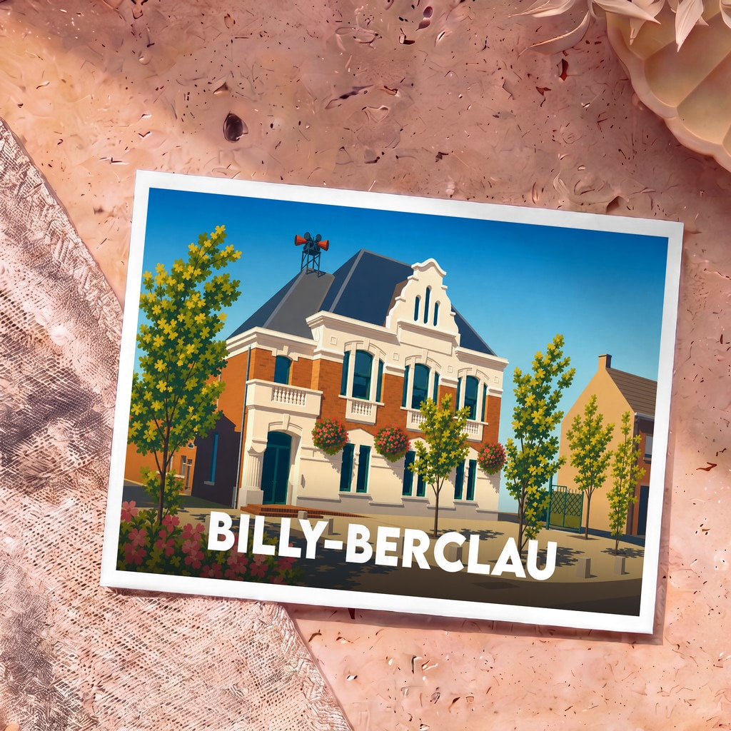 Carte postale souvenir de la ville de Billy-Berclau illustrant sa mairie dans un style graphique épuré.