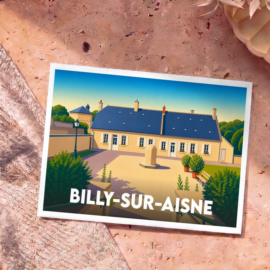 Carte postale souvenir de la ville de Billy-sur-Aisne avec une illustration stylisée d'un bâtiment historique.