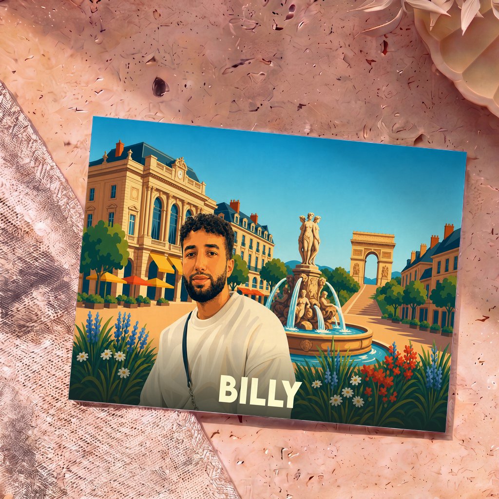Carte postale souvenir de la ville de Billy avec une illustration stylisée.