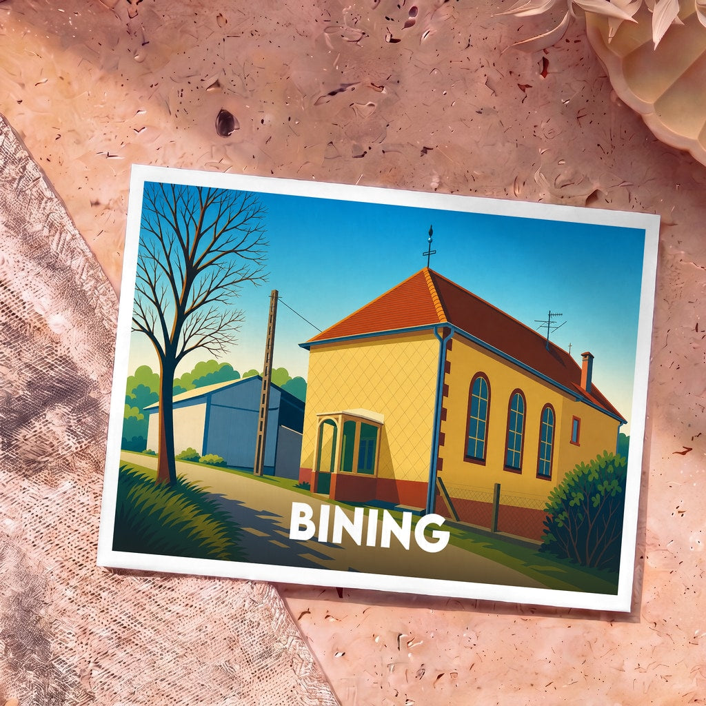 Carte postale souvenir de la ville de Bining avec une illustration stylisée d'un bâtiment jaune sous un ciel bleu.