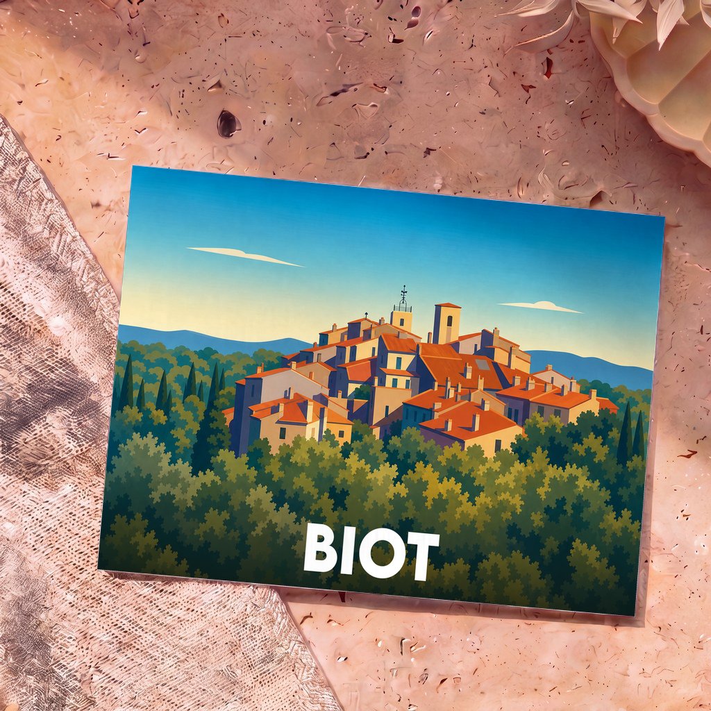 Carte postale souvenir de la ville de Biot présentant une illustration stylisée de son village perché entouré de végétation.