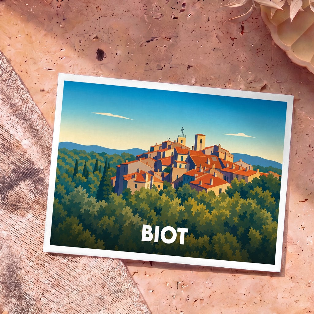Carte postale souvenir de la ville de Biot présentant une illustration stylisée de son village perché entouré de végétation.