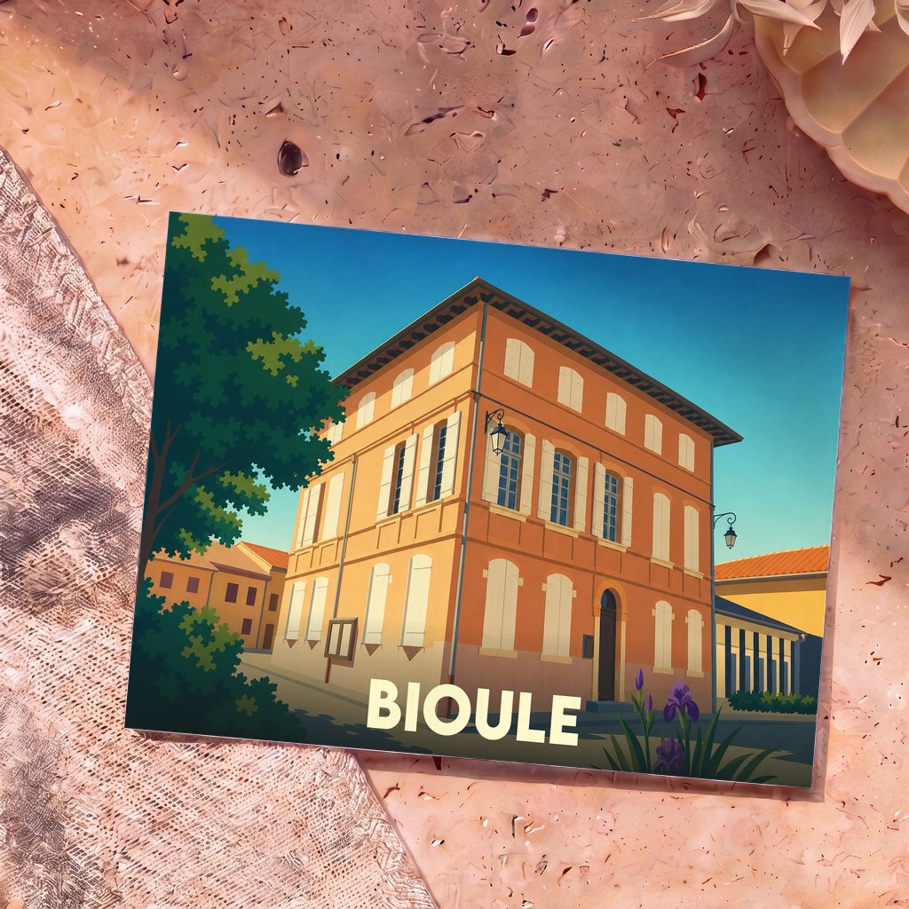 Carte postale souvenir de la ville de Bioule arborant une illustration stylisée d'un bâtiment emblématique.