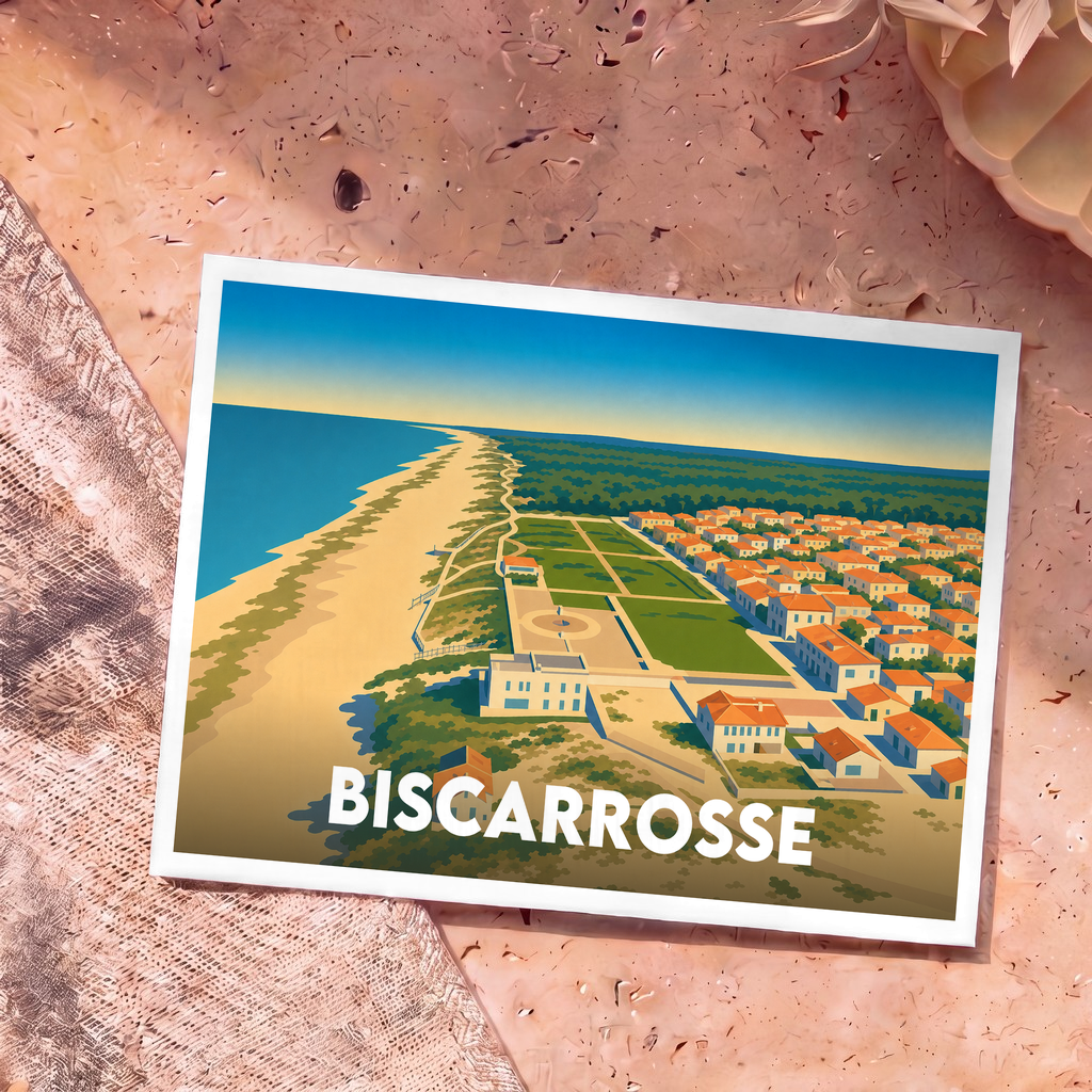 Carte postale souvenir de la ville de Biscarrosse avec une illustration stylisée vue du ciel.