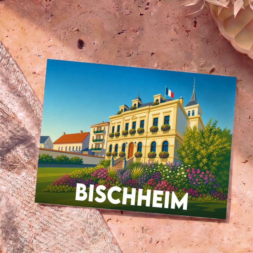 Carte postale souvenir de la ville de Bischheim avec une illustration colorée de l'hôtel de ville et de ses jardins fleuris.