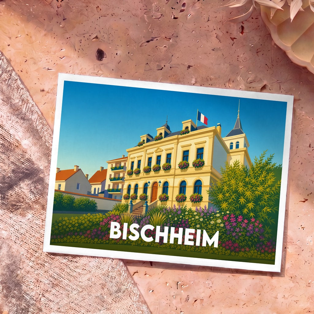 Carte postale souvenir de la ville de Bischheim avec une illustration colorée de l'hôtel de ville et de ses jardins fleuris.