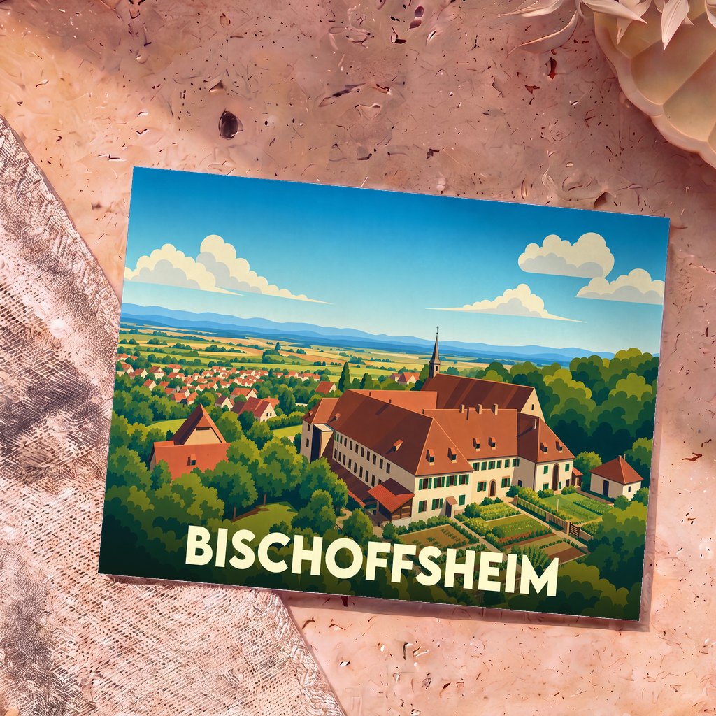 Carte postale souvenir de la ville de Bischoffsheim avec une illustration stylisée de ses paysages et de son abbaye.