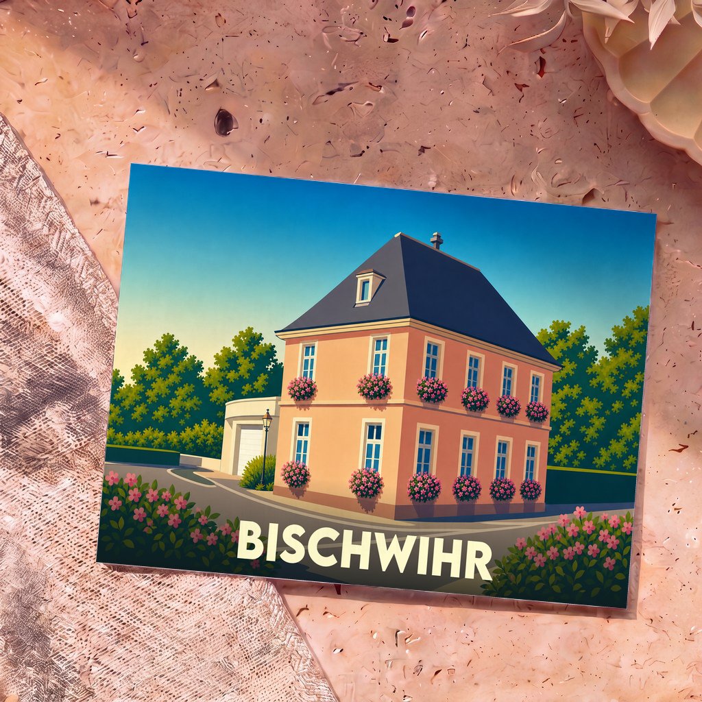 Carte postale souvenir de la ville de Bischwihr illustrant une maison traditionnelle fleurie dans un style graphique épuré.
