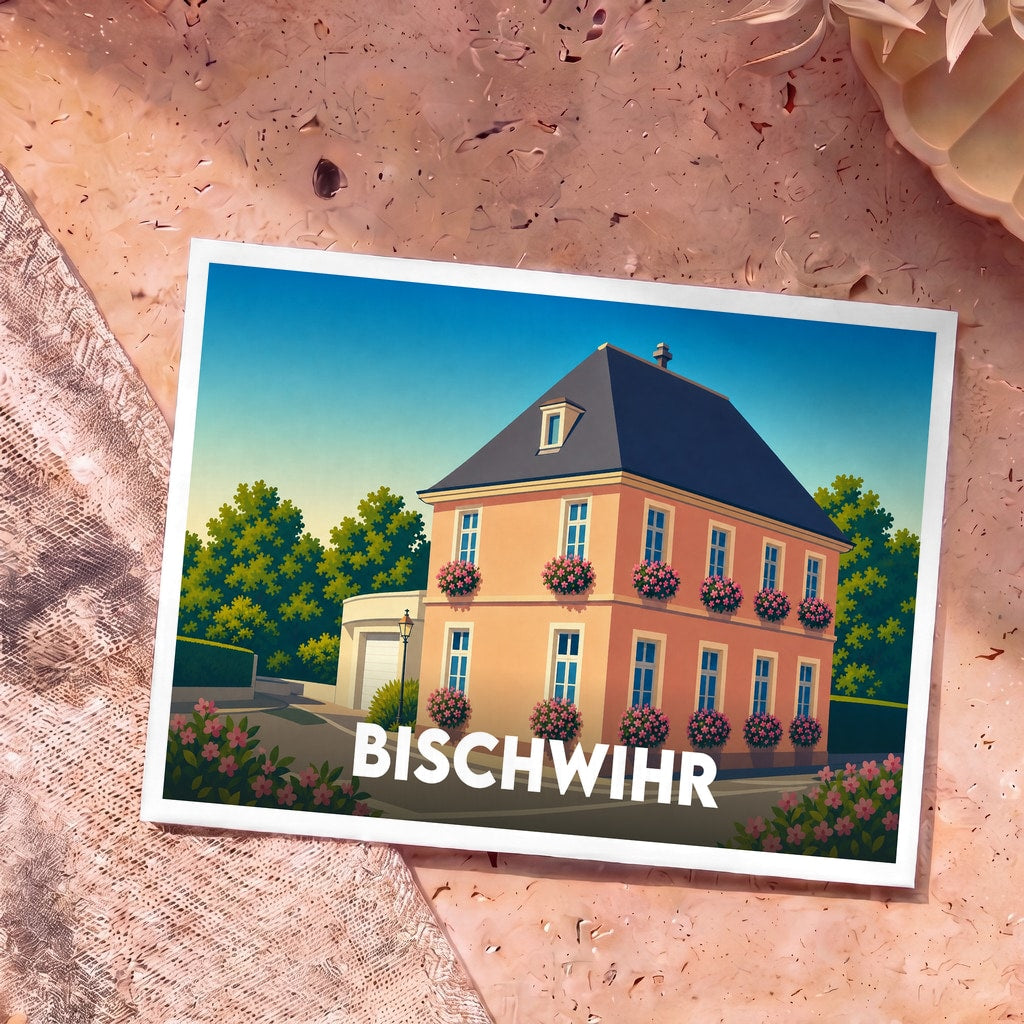 Carte postale souvenir de la ville de Bischwihr illustrant une maison traditionnelle fleurie dans un style graphique épuré.