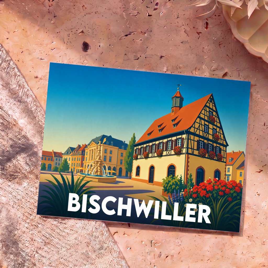 Carte postale souvenir de la ville de Bischwiller avec une illustration stylisée et colorée.