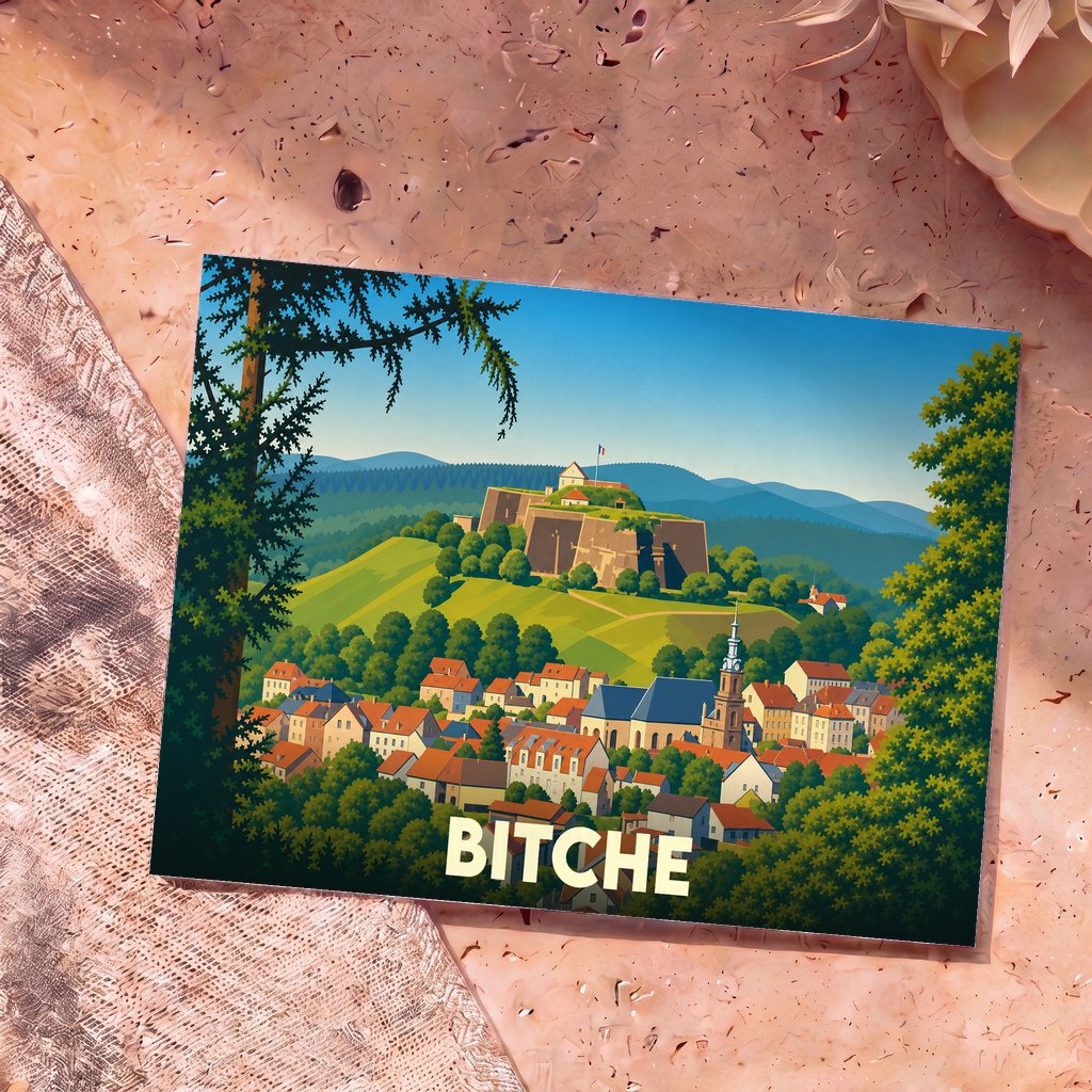 Carte postale souvenir de la ville de Bitche illustrant sa citadelle et son église dans un style graphique épuré.