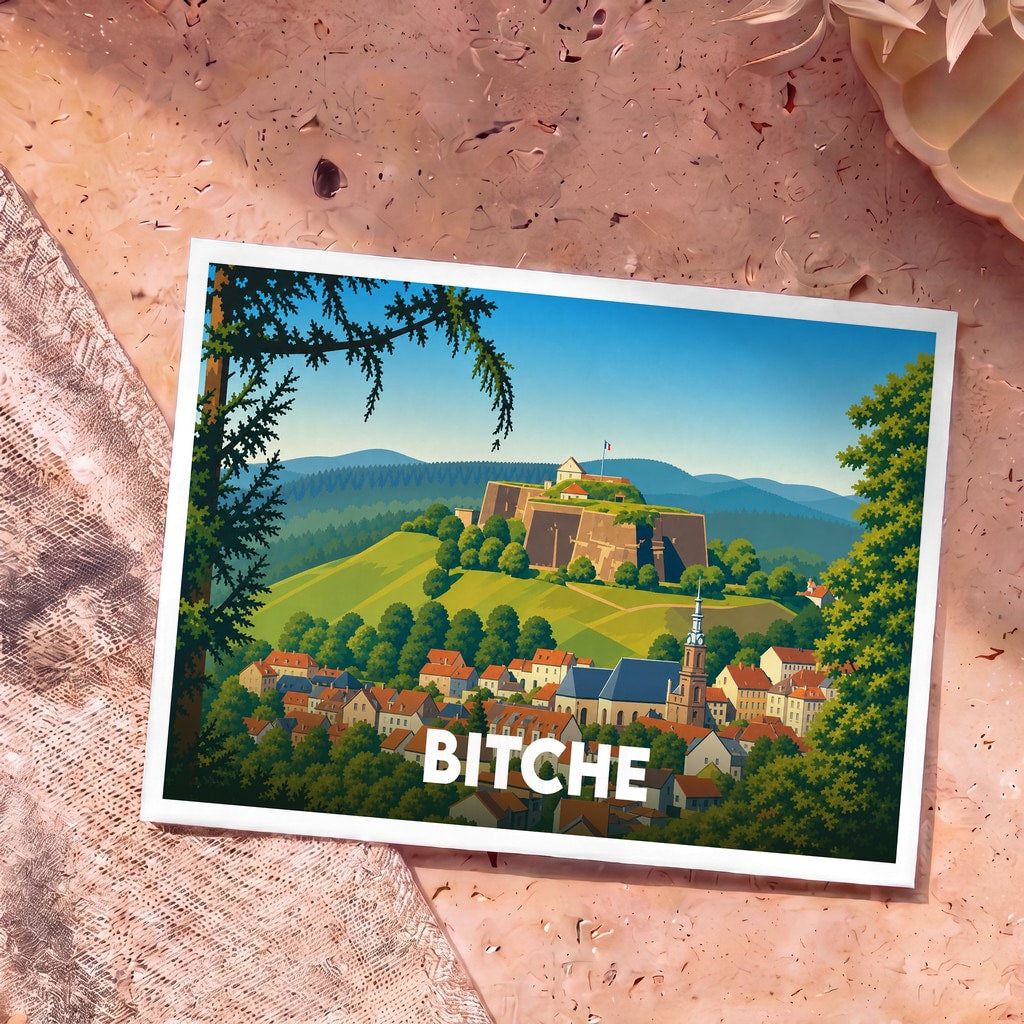 Carte postale souvenir de la ville de Bitche illustrant sa citadelle et son église dans un style graphique épuré.