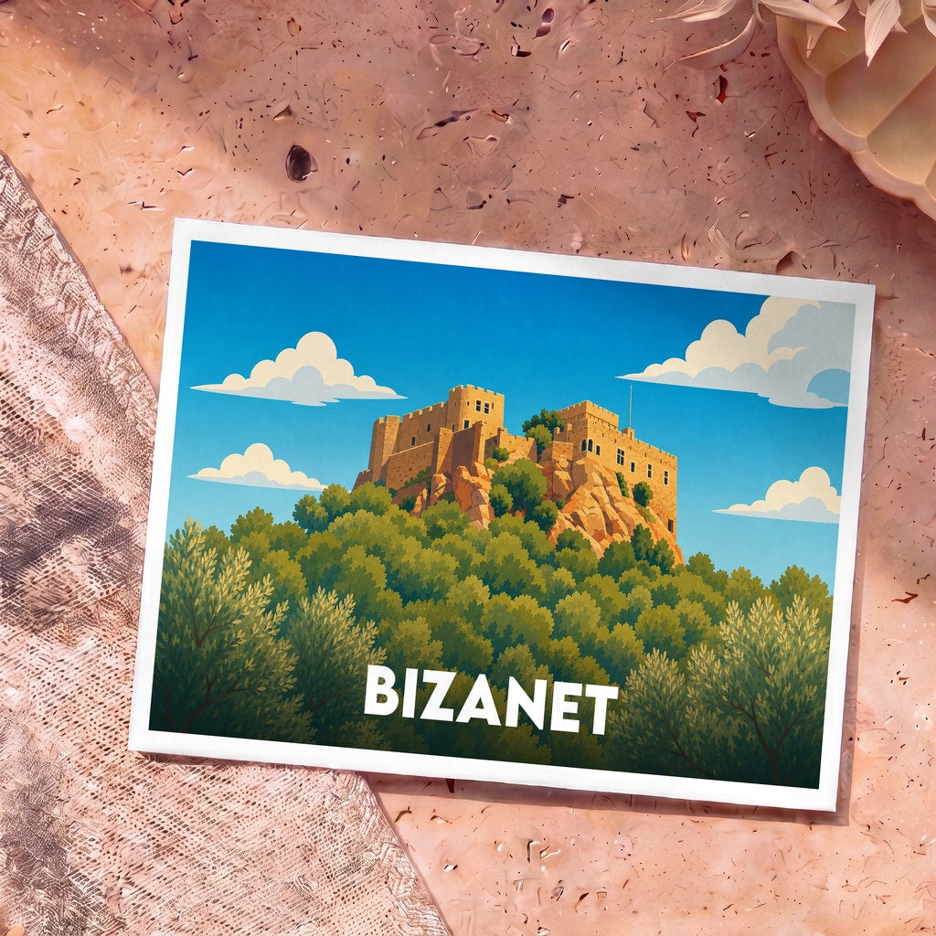 Carte postale souvenir de la ville de Bizanet avec une illustration stylisée d'un château perché sur une colline boisée.