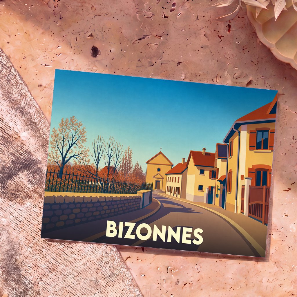 Carte postale souvenir de la ville de Bizonnes avec une illustration stylisée montrant une rue menant à l'église.