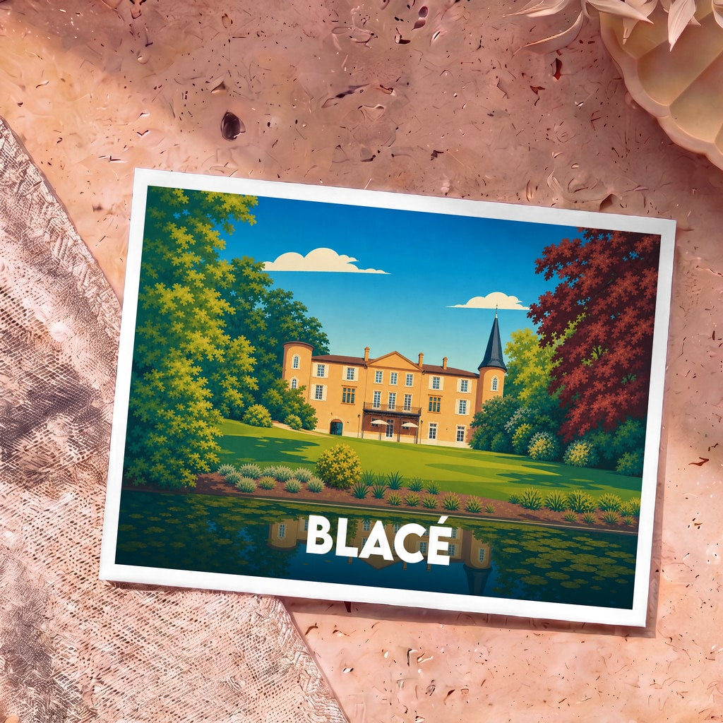Carte postale souvenir de la ville de Blacé avec une illustration stylisée de son château bordant un plan d'eau.